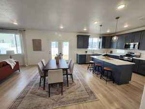 Dining space featuring sink, light hardwood / wood-style floors, and a textured ceiling