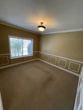 Carpeted spare room featuring crown molding