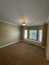 Unfurnished room with a wealth of natural light, crown molding, and carpet flooring