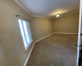 Unfurnished room with carpet flooring and ornamental molding