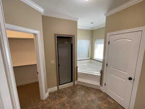 Bathroom with plus walk in shower and ornamental molding