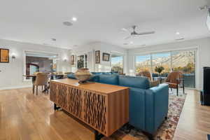 Living room featuring ceiling fan and light hardwood / wood-style flooring