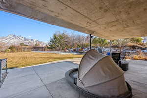 View of patio featuring a mountain view