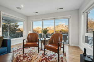 Living area with a mountain view, light hardwood / wood-style flooring, and a healthy amount of sunlight