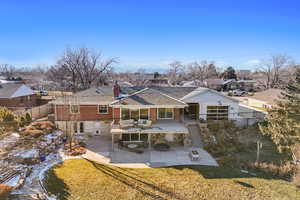 Back of property featuring a patio and a lawn