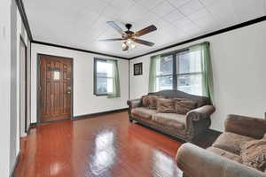 Living room with wood-type flooring, ceiling fan, and crown molding