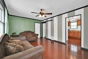 Living room with ceiling fan, dark hardwood / wood-style flooring, ornamental molding, and sink