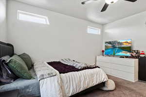 Primary bedroom with extra windows, light colored carpet, and ceiling fan