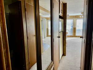 Hallway featuring light colored carpet