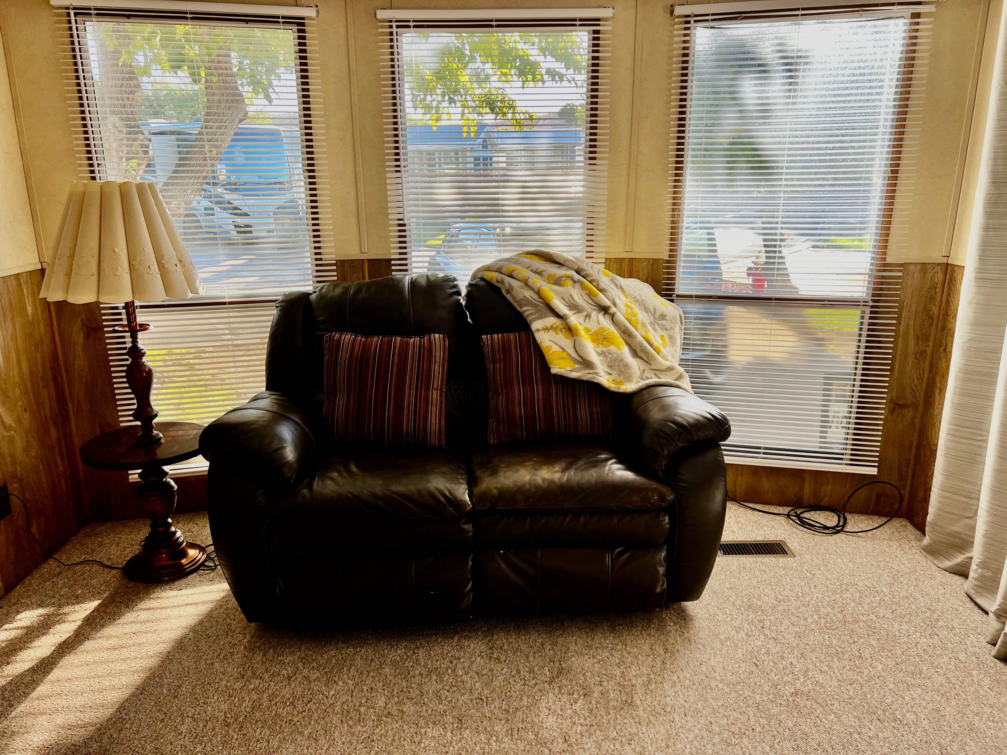 Living area featuring carpet floors and wooden walls