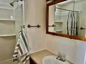 Bathroom with vanity and a shower with curtain