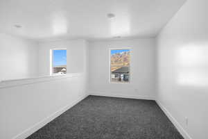 Spare room featuring a textured ceiling and carpet flooring