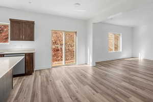 Interior space featuring dishwasher, dark brown cabinetry, and light hardwood / wood-style floors