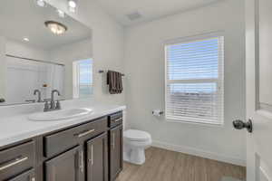 Bathroom featuring hardwood / wood-style flooring, vanity