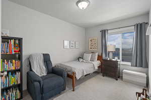 Carpeted bedroom featuring a textured ceiling