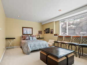 Bedroom featuring light carpet