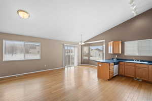 Kitchen with sink, kitchen peninsula, dishwasher, pendant lighting, and light hardwood / wood-style floors