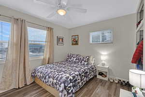 Bedroom featuring ceiling fan and wood-type flooring