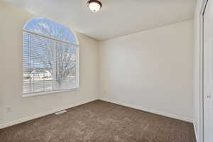 Unfurnished room with carpet floors and a textured ceiling