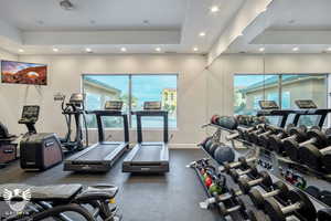 Exercise room with a raised ceiling and a healthy amount of sunlight