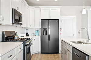 Kitchen with appliances with stainless steel finishes, tasteful backsplash, white cabinets, decorative light fixtures, and sink