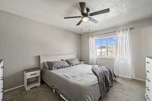 Carpeted bedroom featuring ceiling fan and a textured ceiling