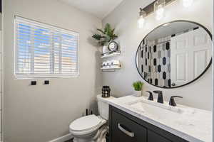 Bathroom with toilet, vanity, and curtained shower