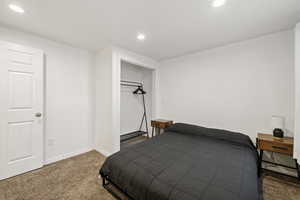 Bedroom with dark colored carpet