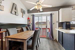 Dining room featuring light hardwood / wood-style flooring and ceiling fan