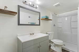 Bathroom with wood-type flooring, vanity, toilet, and walk in shower