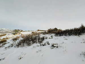 View of yard layered in snow