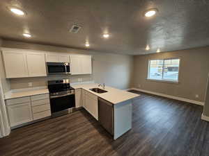 Kitchen with appliances with stainless steel finishes, white cabinetry, sink, kitchen peninsula, and dark wood-type flooring