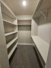 Spacious closet featuring dark colored carpet