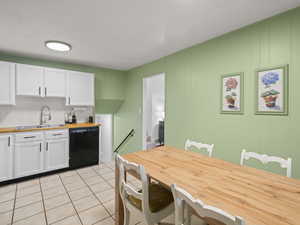 Kitchen with sink, wood counters, dishwasher, and white cabinetry