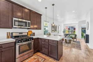 Kitchen featuring kitchen peninsula, hanging light fixtures, stainless steel appliances, a wealth of natural light, and dark brown cabinets