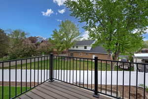 Wooden terrace featuring a lawn