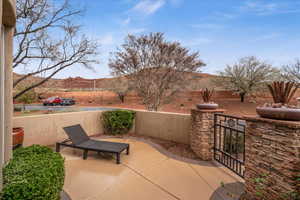 View of patio featuring a mountain view