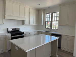 Kitchen featuring light countertops, a sink, appliances with stainless steel finishes, and dark wood finished floors