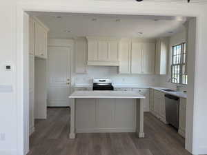 Kitchen with light countertops, wood finished floors, a sink, a center island, and appliances with stainless steel finishes