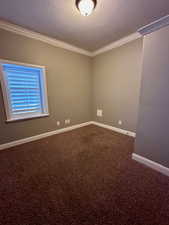 Carpeted empty room featuring crown molding