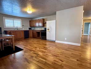 Kitchen with light hardwood / wood-style flooring, white refrigerator with ice dispenser, stove, dishwasher, and sink