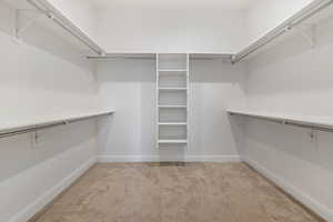 Walk in closet featuring light colored carpet