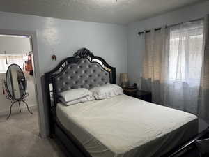 Bedroom featuring a textured ceiling, carpet, and baseboards