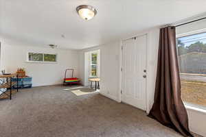 Living area featuring carpet, a textured ceiling, and a healthy amount of sunlight