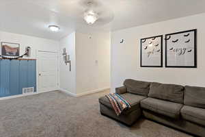 Carpeted living room with a textured ceiling