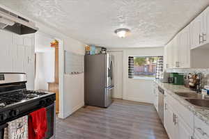 Kitchen with light wood-type flooring, sink, tasteful backsplash, appliances with stainless steel finishes, and white cabinets