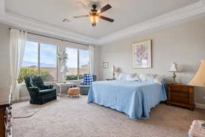 Carpeted bedroom with a mountain view, ceiling fan, and a raised ceiling