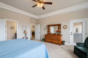 Carpeted bedroom featuring ensuite bath, ceiling fan, and a raised ceiling