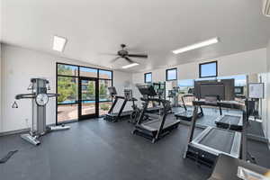 Exercise room featuring french doors and ceiling fan