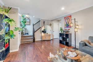 Living room featuring crown molding and dark wood-type floors